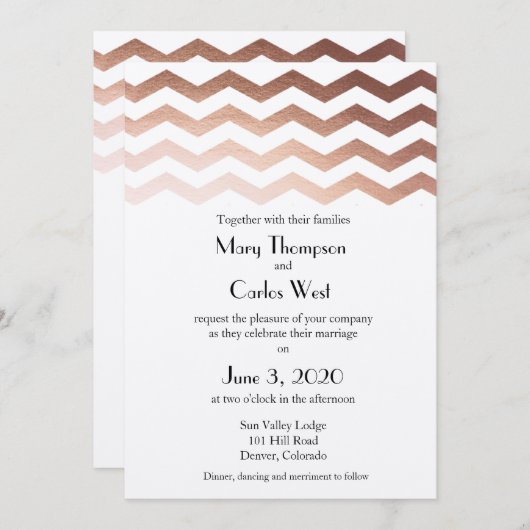 Bilingualのばら色の金ゴールドのシェブロンの結婚式招待状 招待状 (正面/裏面)