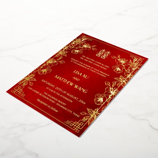 BILINGUAL Gold Frame Red Chinese Wedding 箔招待状 (回転した状態)