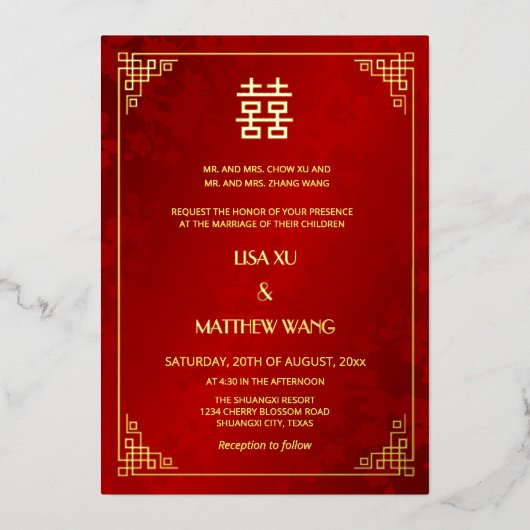  BILINGUAL Gold Frame Red Chinese Wedding 箔招待状 (正面)