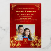 BILINGUAL Photo Red Gold Chinese Wedding 箔招待状 (正面)