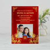 BILINGUAL Photo Red Gold Chinese Wedding 箔招待状 (立ち正面)