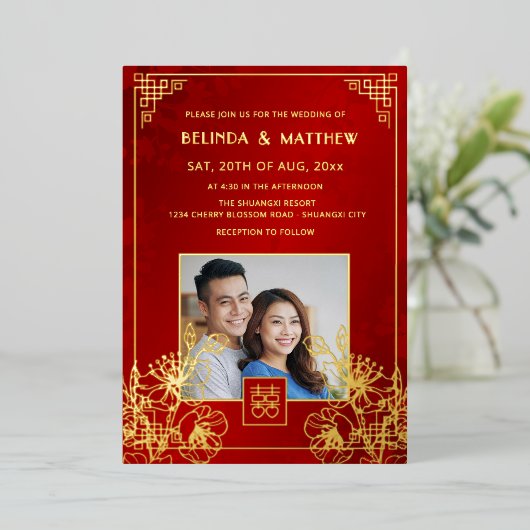 BILINGUAL Photo Red Gold Chinese Wedding 箔招待状 (立ち正面)