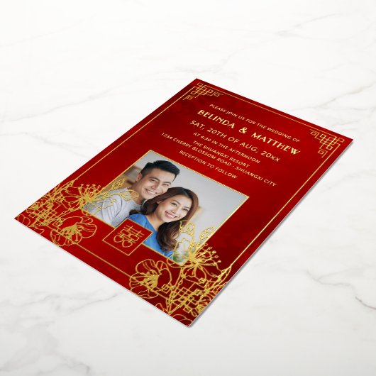BILINGUAL Photo Red Gold Chinese Wedding 箔招待状 (回転した状態)