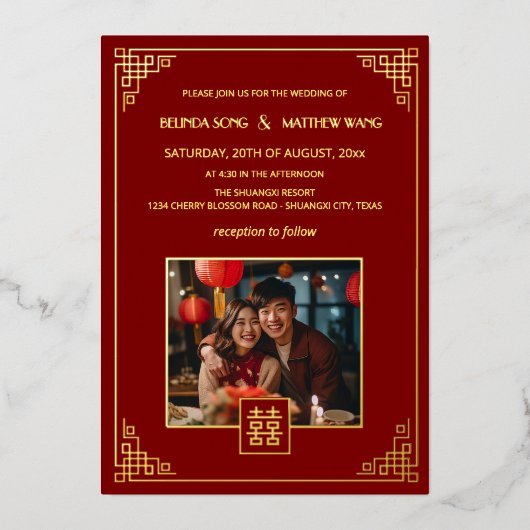 BILINGUAL Photo Red Gold Chinese Wedding 箔招待状 (正面)