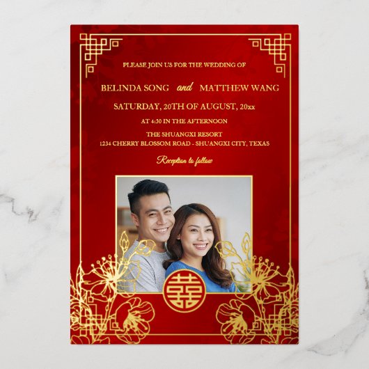 BILINGUAL Photo Red Gold Chinese Wedding 箔招待状 (正面)