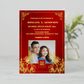 BILINGUAL Photo Red Gold Chinese Wedding 箔招待状 (立ち正面)