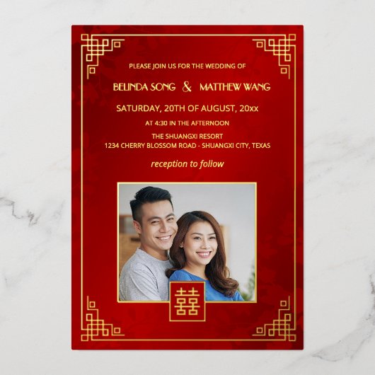 BILINGUAL Photo Red Gold Chinese Wedding 箔招待状 (正面)