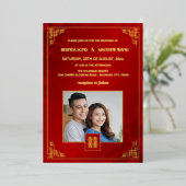 BILINGUAL Photo Red Gold Chinese Wedding 箔招待状 (立ち正面)
