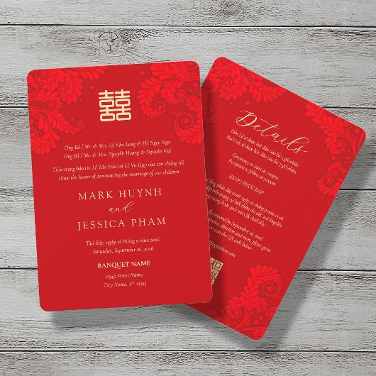 Bilingual Vietnamese English Red Floral Wedding 招待状