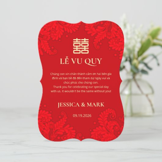 Bilingual Vietnamese Wedding Red Thank You Card サンキューカード (スタンド正面)