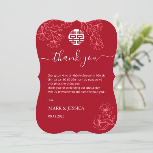Bilingual Vietnamese Wedding Red Thank You Card サンキューカード (スタンド正面)