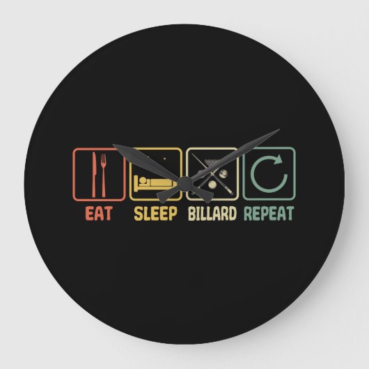 Billiard Eat Sleep Repeat Retro Style Slogan ラージ壁時計 (正面)