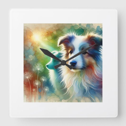 Billy dog 240624AREF116 - Watercolor スクエア壁時計 (正面)