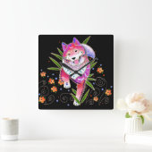 BINDIの柴犬は背景色をカスタマイズ スクエア壁時計 (ホーム)