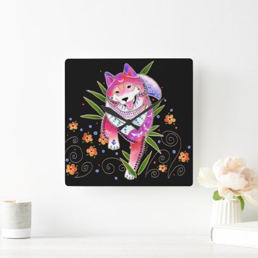 BINDIの柴犬は背景色をカスタマイズ スクエア壁時計 (ホーム)