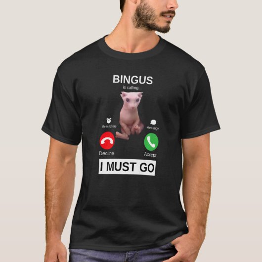 Bingusがヘアレススフィンクス猫ミームを呼んでいる Tシャツ (正面)
