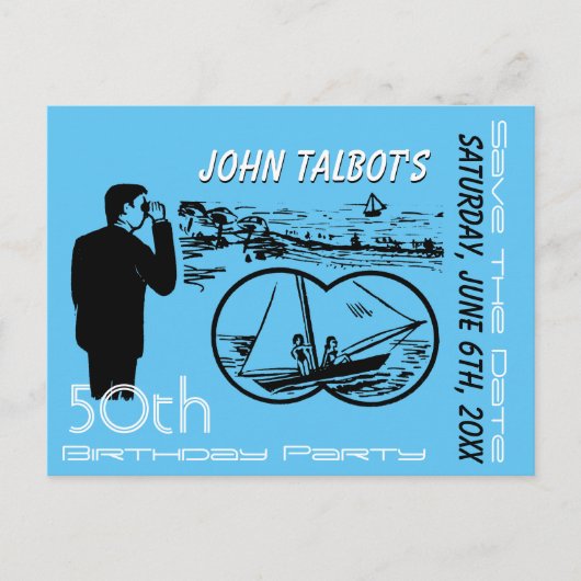 Binoculars Sailboat 50誕生日日付の保存 案内ポストカード (正面)