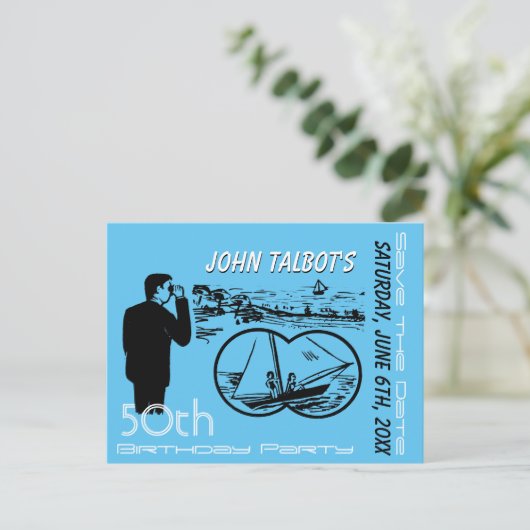 Binoculars Sailboat 50誕生日日付の保存 案内ポストカード (スタンド正面)