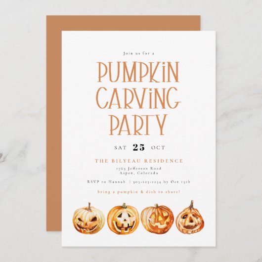 BINX オータム ハロウィン 水彩 ハーベスト かぼちゃの彫刻 招待状 (正面/裏面)