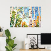 Birch Forest Watercolor Painting Art Print  ポスター (ホームオフィス)