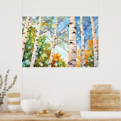 Birch Forest Watercolor Painting Art Print  ポスター (キッチン)