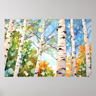 Birch Forest Watercolor Painting Art Print  ポスター