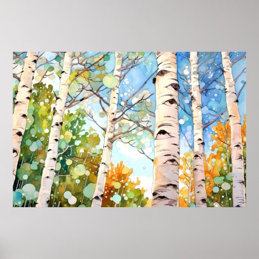 Birch Forest Watercolor Painting Art Print  ポスター (正面)