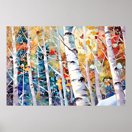 Birch Forest Watercolor Painting Art Print  ポスター (正面)