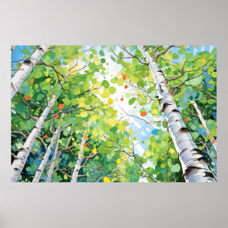Birch Forest Watercolor Painting Art Print  ポスター