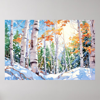 Birch Forest Watercolor Painting Art Print  ポスター