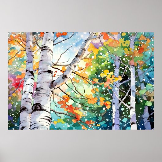 Birch Forest Watercolor Painting Art Print  ポスター (正面)