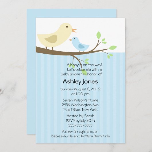 Birdかわいいママ及び男の赤ちゃんのベビーシャワー 招待状 (正面/裏面)
