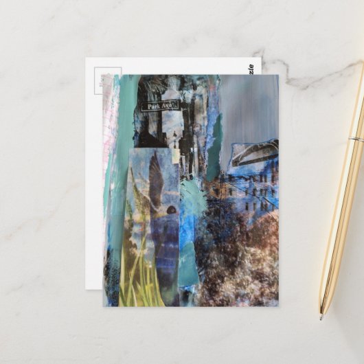 Bird and City Buildings mixed media collage ポストカード (正面/裏面インサイチュ)