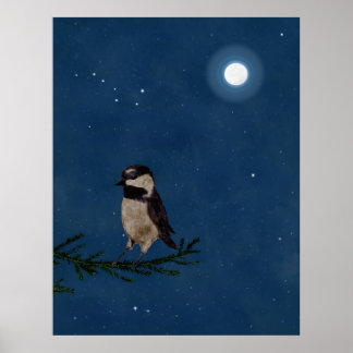Bird Art, Chickadee, Moon, Stars, Big Dipper,Night ポスター