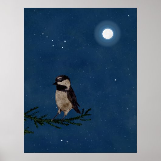 Bird Art, Chickadee, Moon, Stars, Big Dipper,Night ポスター (正面)