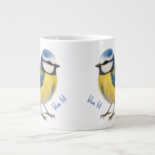 Bird Blue Tit Mug, Watercolour Garden Bird Art ジャンボコーヒーマグカップ (正面)