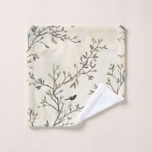 Bird Branch Watercolor Beige Nature Painting ウォッシュタオル (ウォッシュタオル)