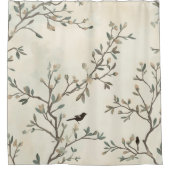 Bird Branch Watercolor Beige Nature Painting シャワーカーテン (正面)