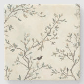 Bird Branch Watercolor Beige Nature Painting ストーンコースター (正面)