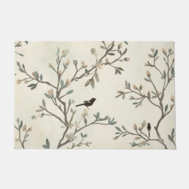 Bird Branch Watercolor Beige Nature Painting ドアマット