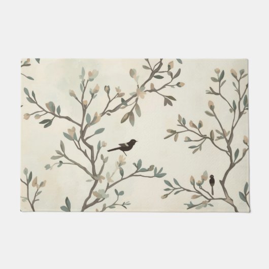 Bird Branch Watercolor Beige Nature Painting ドアマット (正面)