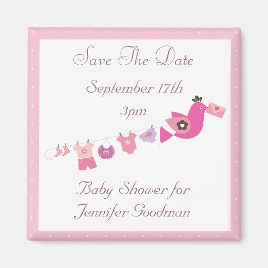 Bird & Clothesline Pink Save The Date Baby Shower マグネット (正面)