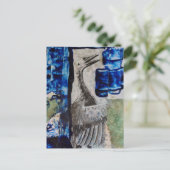 Bird Dino Blue Paint Mixed Media Collage ポストカード (スタンド正面)