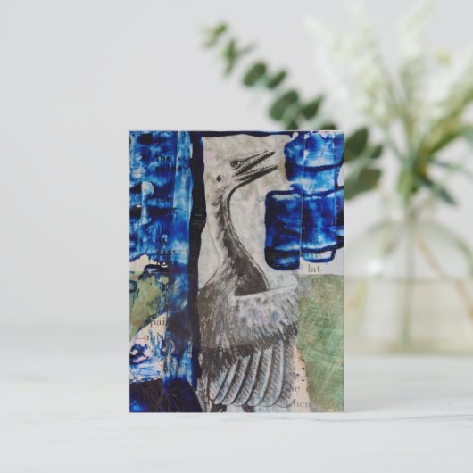 Bird Dino Blue Paint Mixed Media Collage ポストカード (スタンド正面)