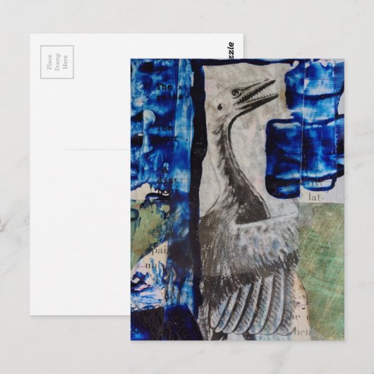 Bird Dino Blue Paint Mixed Media Collage ポストカード (正面/裏面)