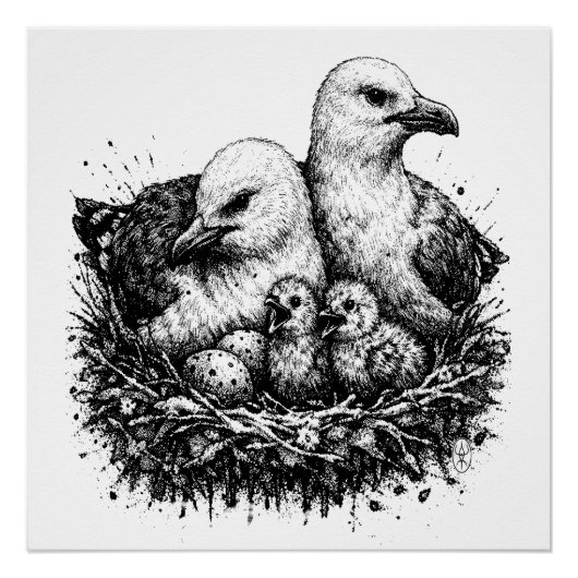 Bird Family Nest – Mythic Ink Illustration ポスター (正面)
