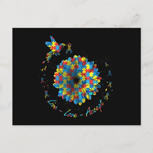 Bird Flower Ribbon Puzzle Live Love Accept Autism  ポストカード (正面)