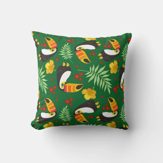 Bird Green Leave Orange Red Flower Tropical Jungle クッション (正面)