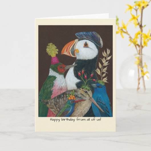 Bird group birthday from all of us card カード (黄色い花)