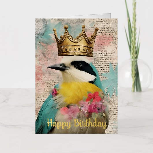Bird in a Crown Collage誕生日金ゴールド 箔グリーティングカード (正面)
